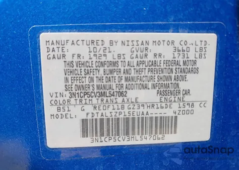 2021 Nissan Kicks Sv Xtronic Cvt z USA, uszkodzony, nr VIN 3N1CP5CV3ML547062